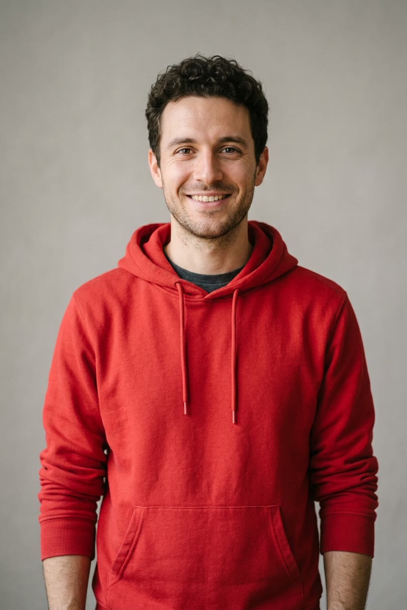 Input photo 1: fictional man wearing a red hoodie