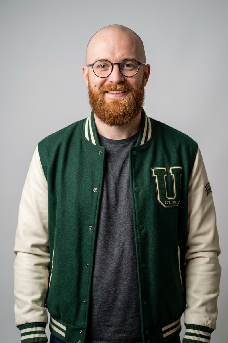 Input photo 2: fictional man with a ginger beard wearing a green varsity jacket